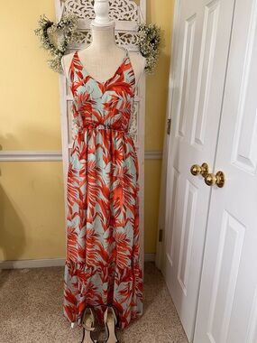 H&M spaghetti, strap Aqua  and Orange Tropical Print Maxi Dress